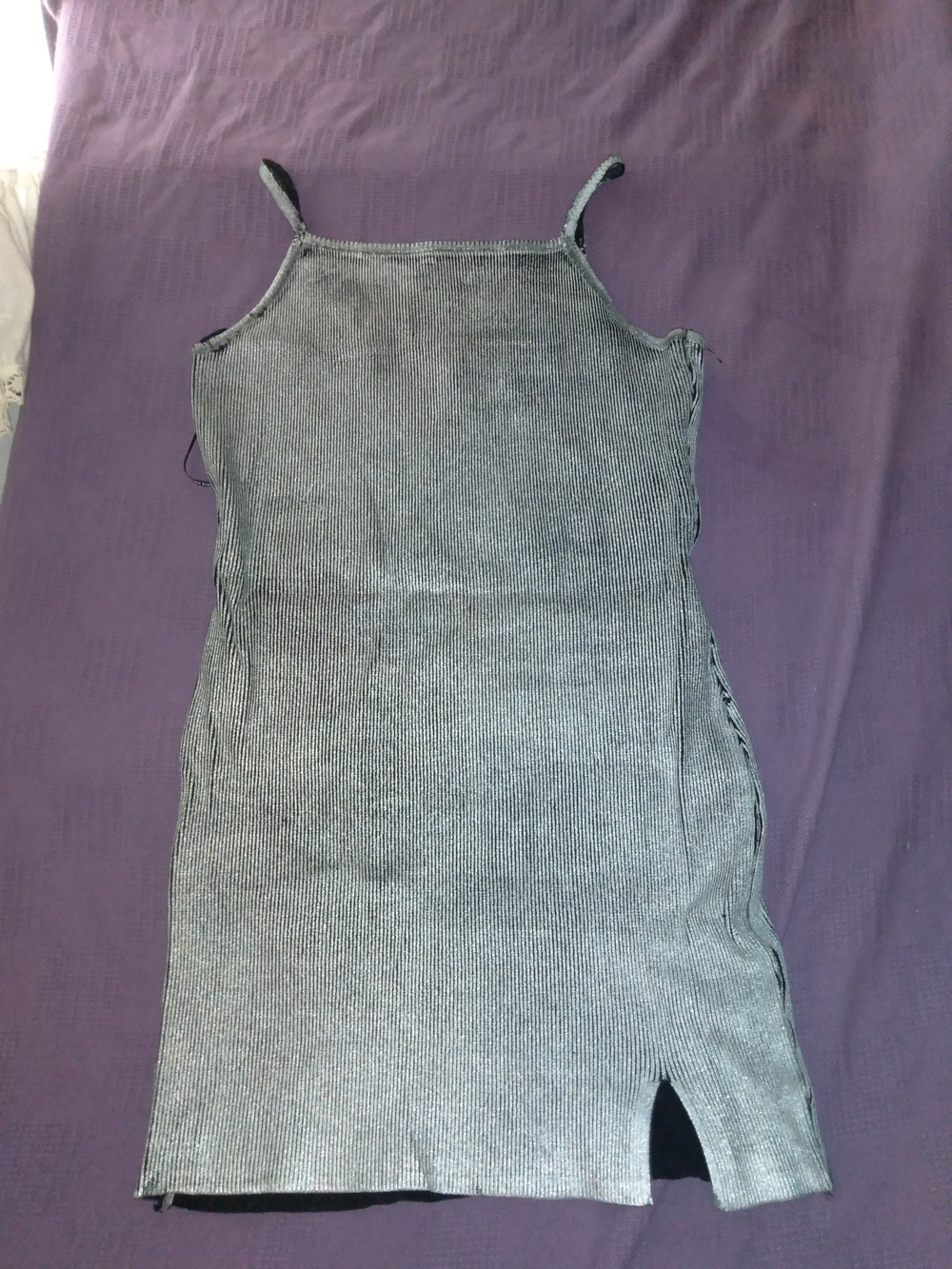 Ribbed Metallic Gray Spaghetti Strap Mini Dress -